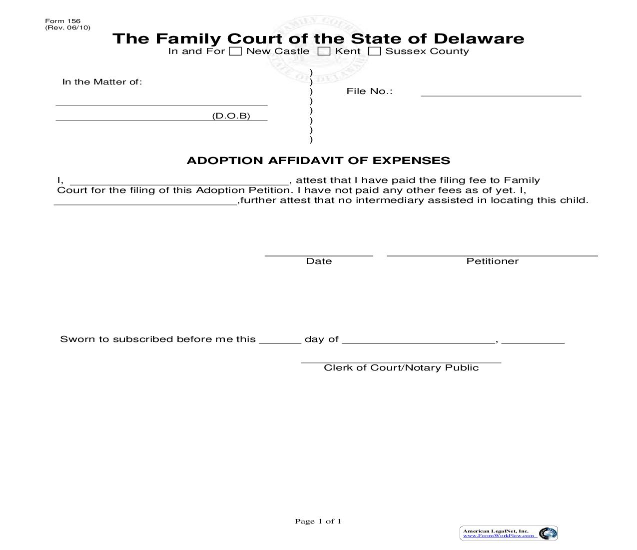 Adoption Affidavit Of Expense {156} | Pdf Fpdf Doc Docx | Delaware