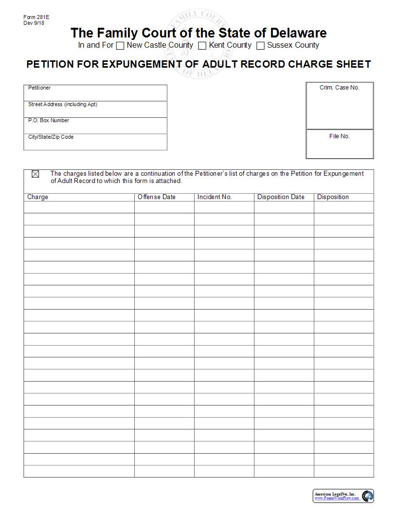 Adult Expungement Charge Extension Sheet  {281E} | Pdf Fpdf Docx | Delaware