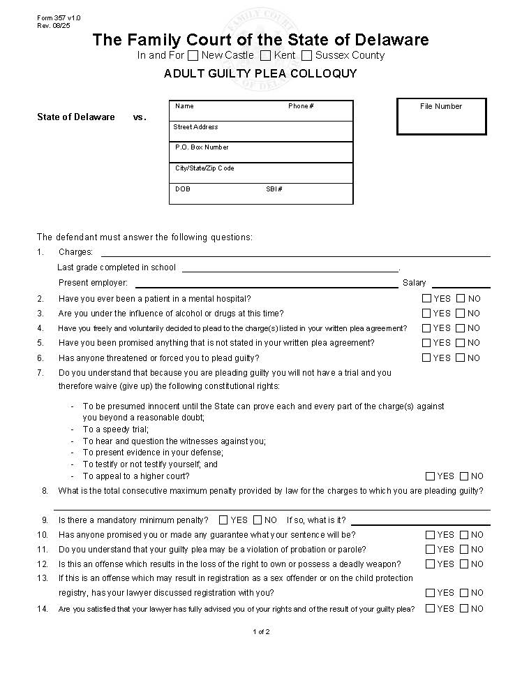 Adult Guilty Plea Colloquy {357} | Pdf Fpdf Docx | Delaware
