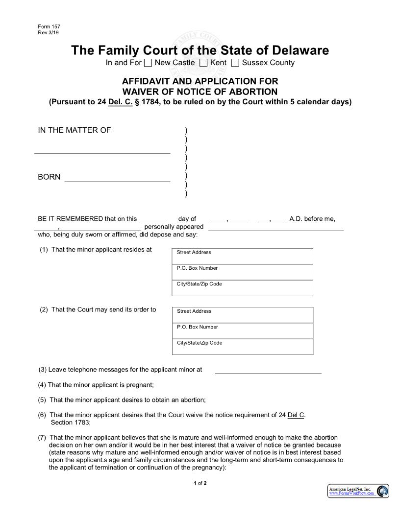 Affidavit And Application For Waiver Of Notice Of Abortion {157} | Pdf Fpdf Docx | Delaware