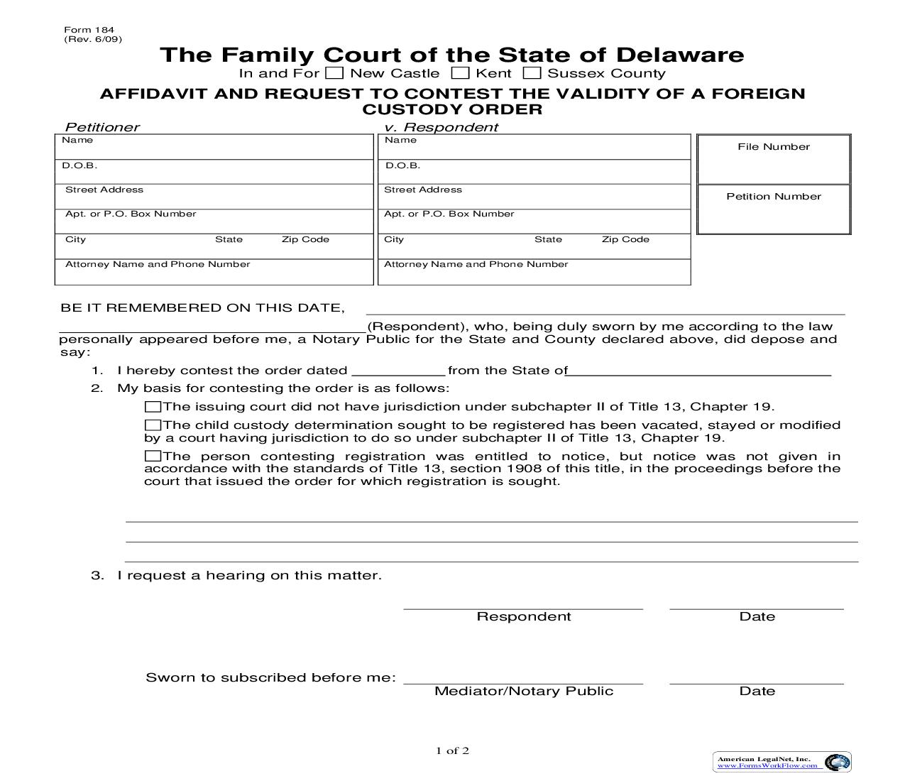 Affidavit And Request To Contest The Validity Of A Foreign Custody Order {184} | Pdf Fpdf Doc Docx | Delaware