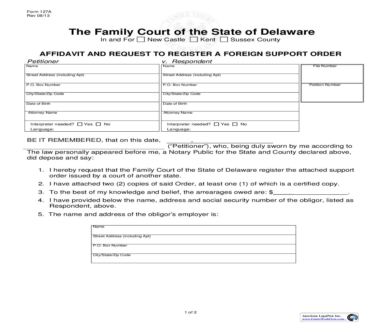 Affidavit And Request To Register (Inter-State) A Foreign Support Order {127A} | Pdf Fpdf Doc Docx | Delaware