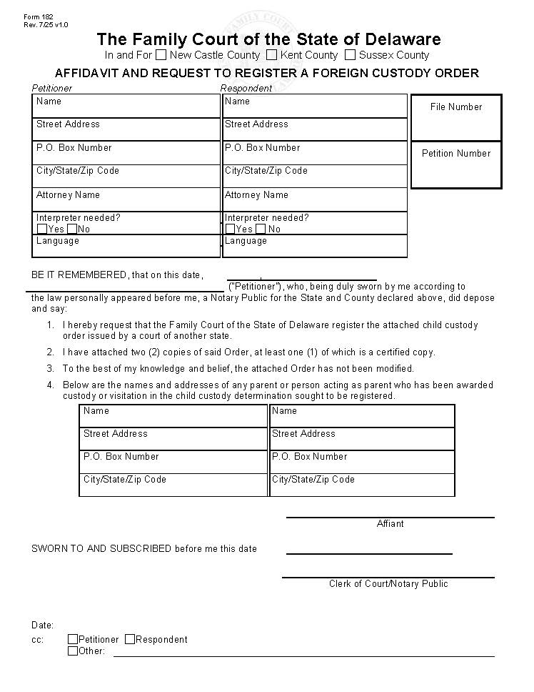 Affidavit And Request To Register A Foreign Custody Order {182} | Pdf Fpdf Doc Docx | Delaware