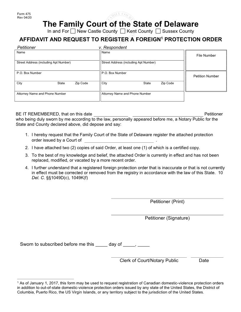 Affidavit And Request To Register A Foreign Protection From Abuse Order {475} | Pdf Fpdf Doc Docx | Delaware
