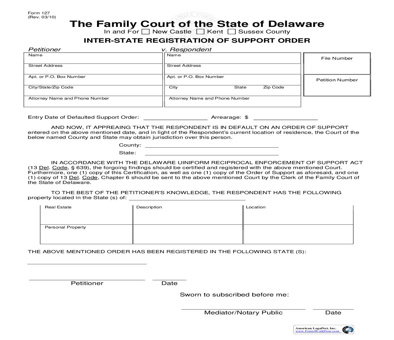 Affidavit And Request To Register A Foreign Support Order {127} | Pdf Fpdf Doc Docx | Delaware
