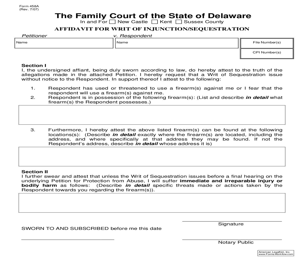 Affidavit For Writ Of Injunction Or Sequestration {458A} | Pdf Fpdf Doc Docx | Delaware