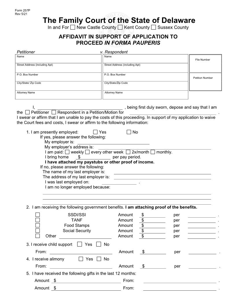 Affidavit In Support Of Application To Proceed In Forma Pauperis {257P} | Pdf Fpdf Docx | Delaware