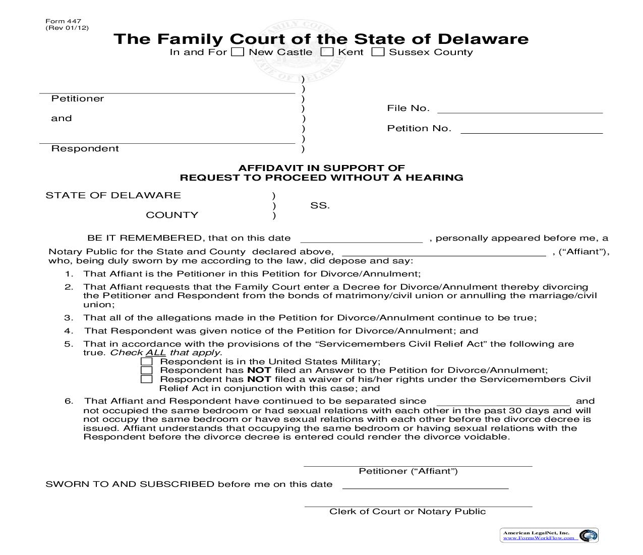 Affidavit In Support Of Request To Proceed Without A Hearing {447} | Pdf Fpdf Doc Docx | Delaware