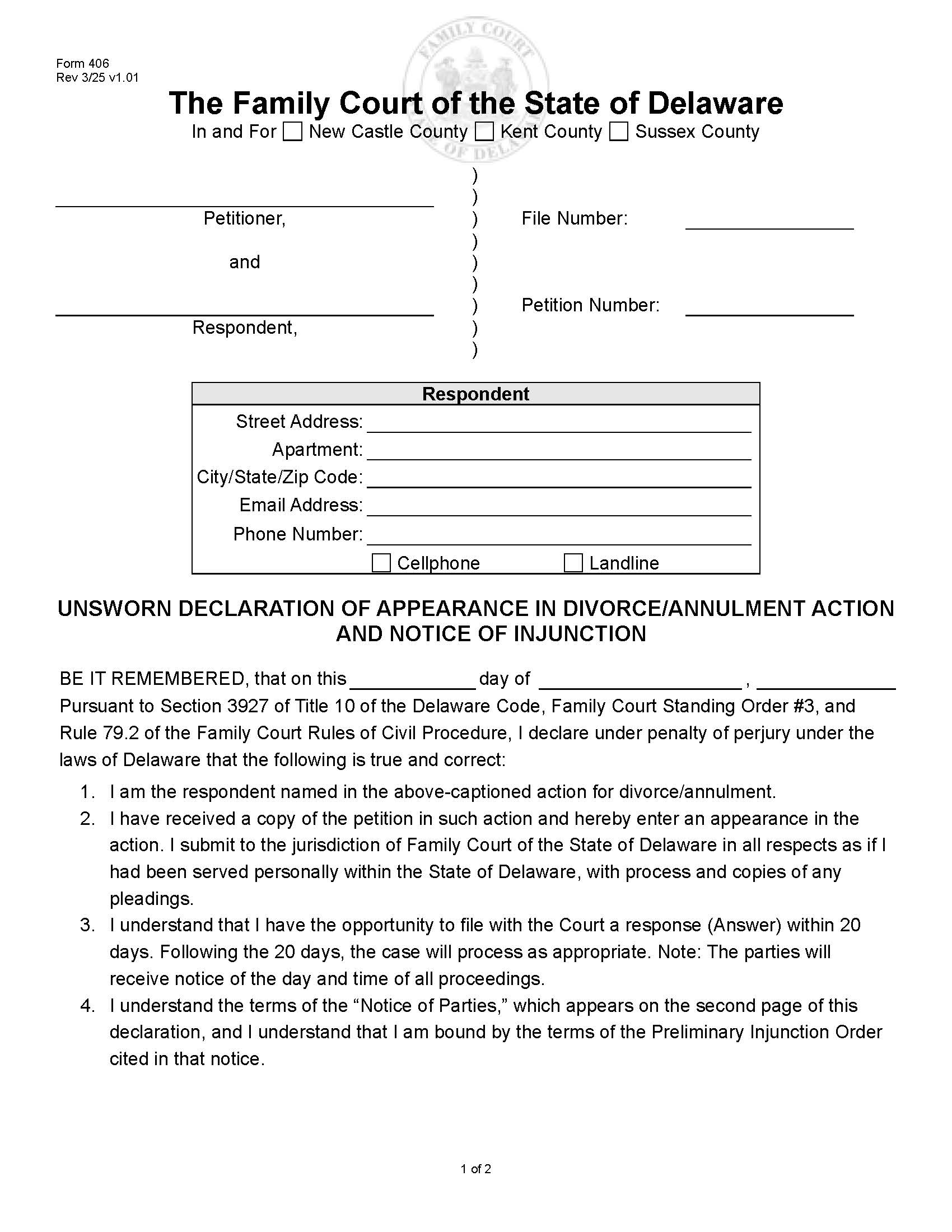 Affidavit Of Appearance In Divorce Action - Notice Of Injunction {406} | Pdf Fpdf Doc Docx | Delaware