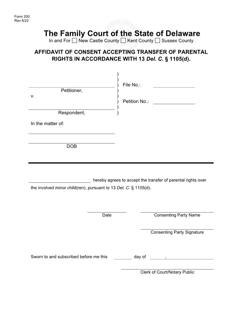 Affidavit Of Consent Accepting Transfer Of Parental Rights {200} | Pdf Fpdf Docx | Delaware