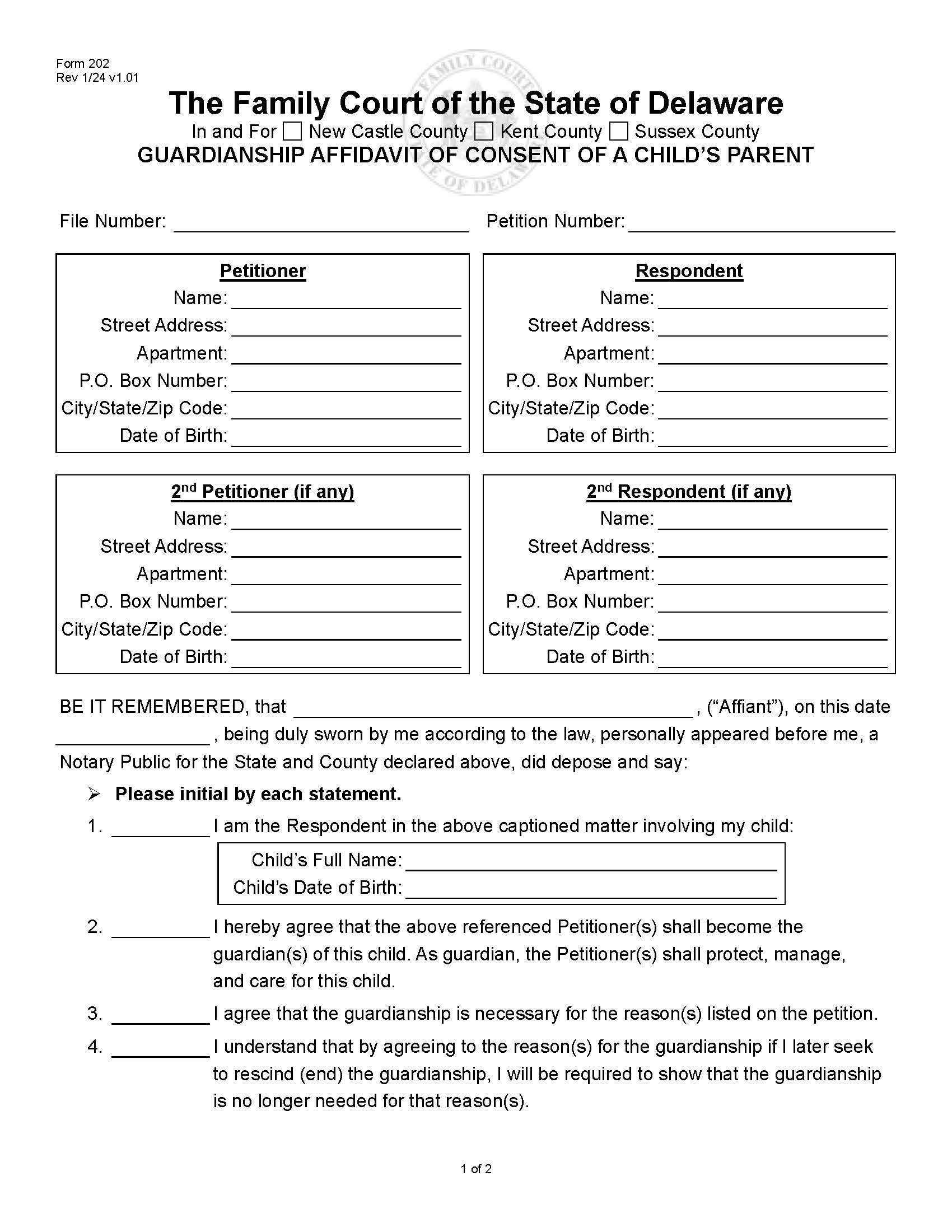 Affidavit Of Consent Of A Childs Parent-Guardianship {202} | Pdf Fpdf Doc Docx | Delaware