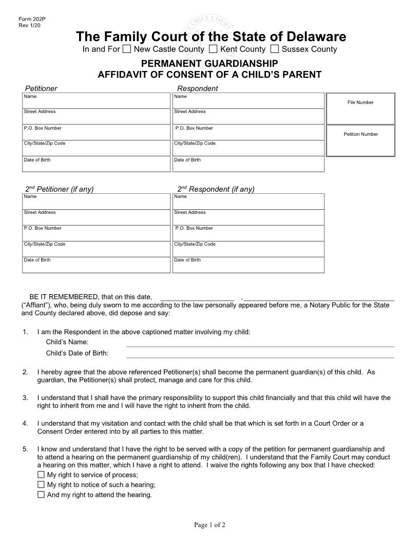 Affidavit Of Consent Of A Childs Parent-Permanent Guardianship {202P} | Pdf Fpdf Doc Docx | Delaware