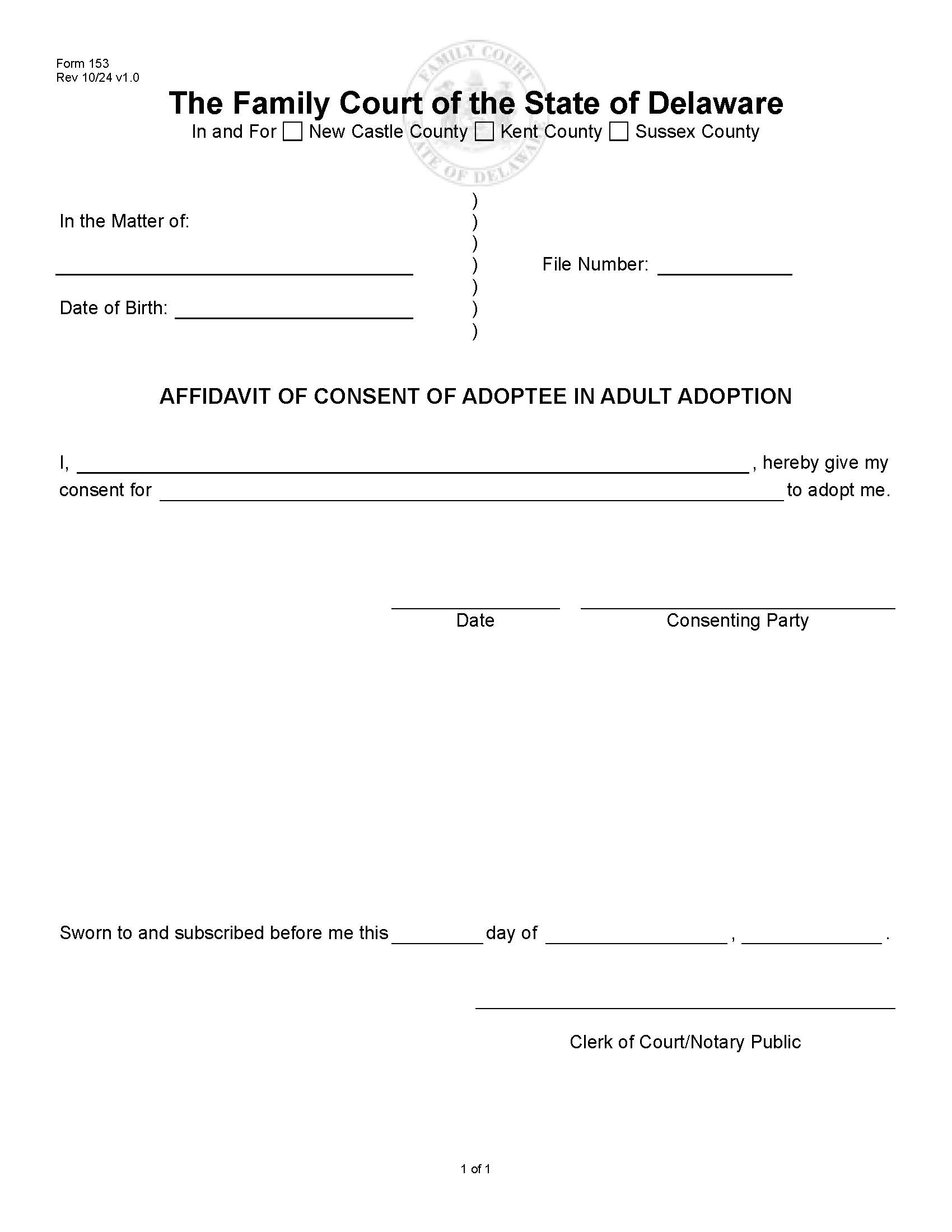 Affidavit Of Consent Of Adoptee In Adult Adoption {153} | Pdf Fpdf Doc Docx | Delaware