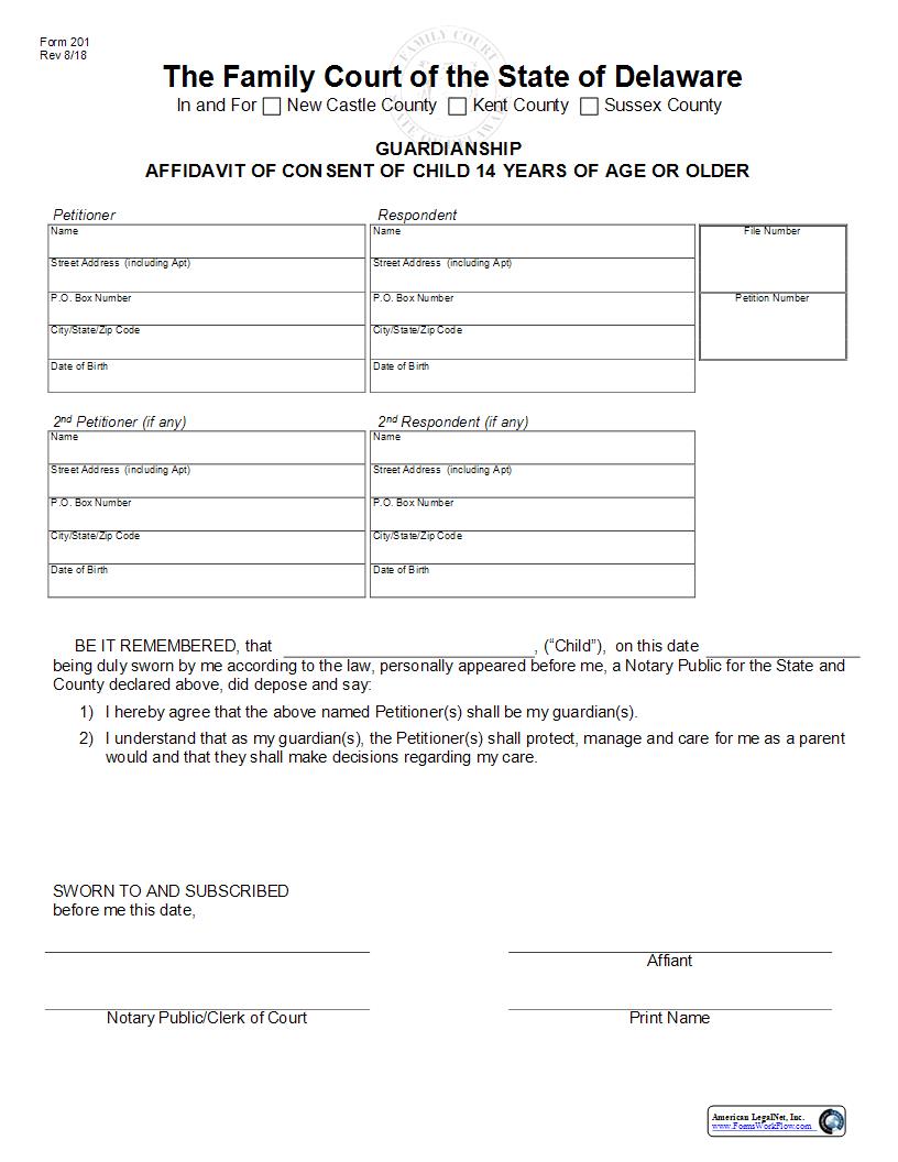 Affidavit Of Consent Of Child 14 Years Of Age Or Older-Guardianship {201} | Pdf Fpdf Docx | Delaware