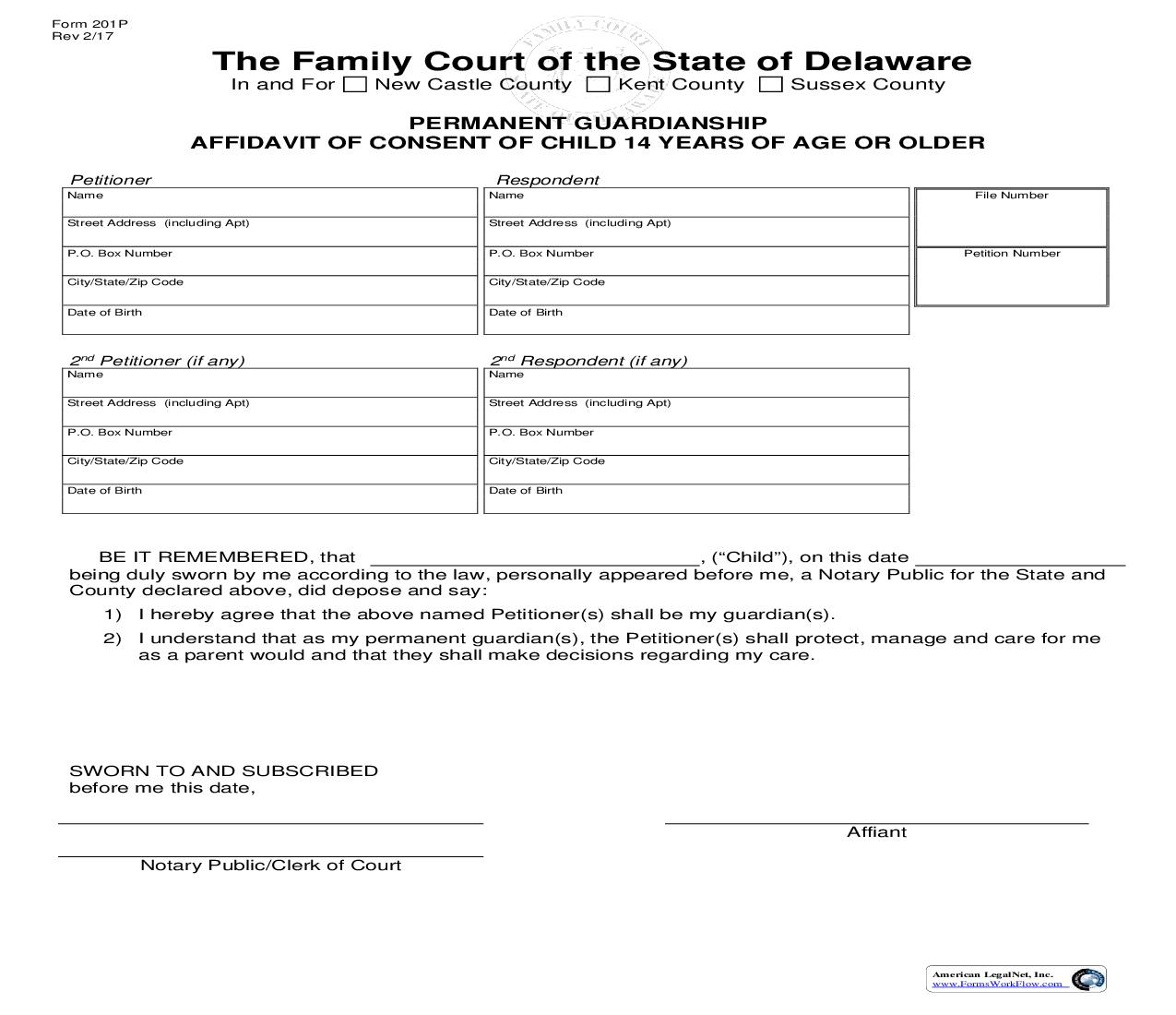 Affidavit Of Consent Of Child 14 Years Of Age Or Older-Permanent Guardianship {201P} | Pdf Fpdf Doc Docx | Delaware