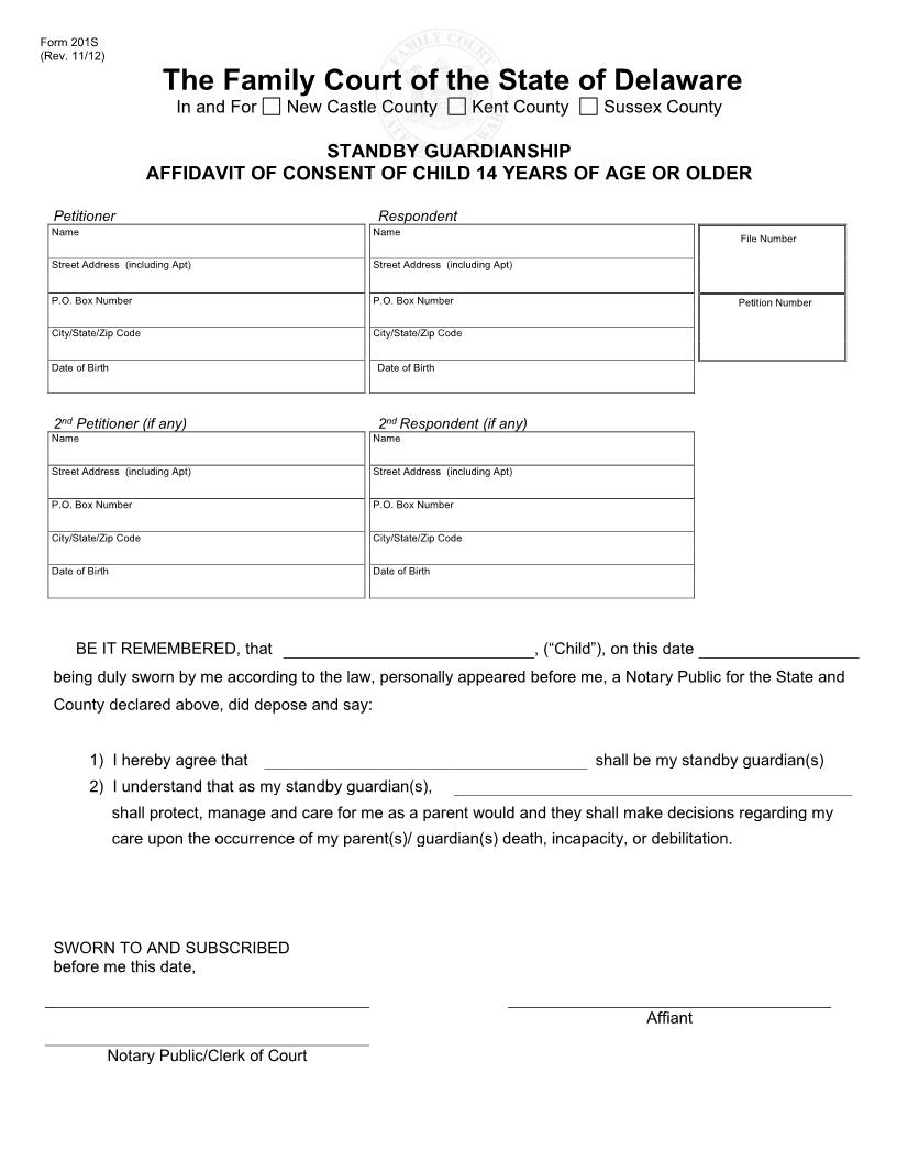 Affidavit Of Consent Of Child 14 Years Of Age Or Older-Stanby Guardianship {201S} | Pdf Fpdf Doc Docx | Delaware