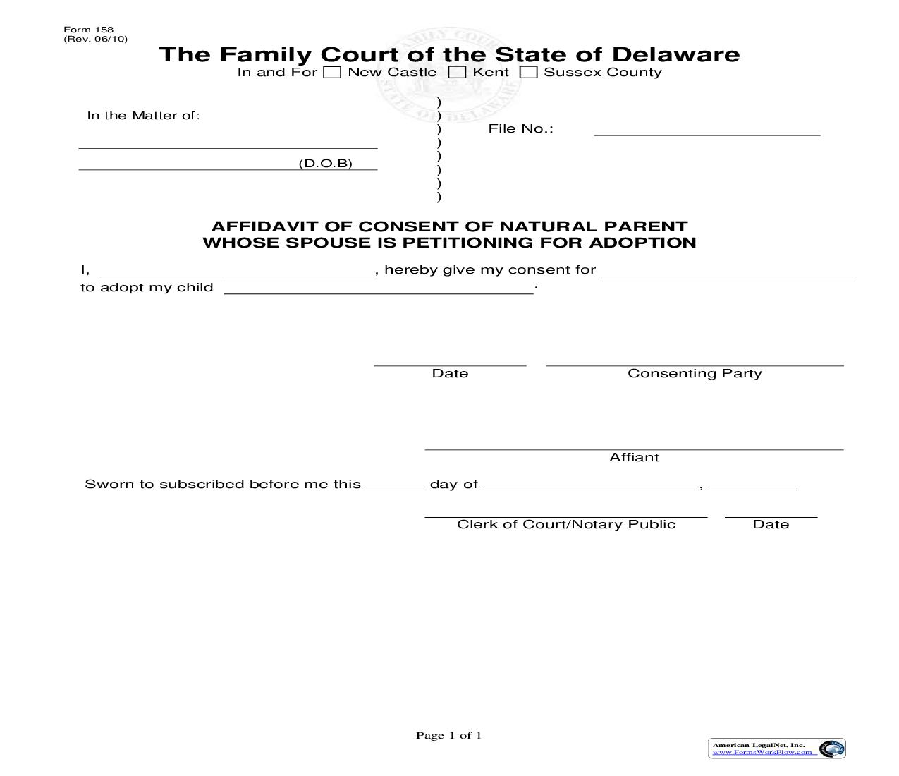 Affidavit Of Consent Of Natural Parent Whose Spouse Is Petitioning For Adoption {158} | Pdf Fpdf Doc Docx | Delaware