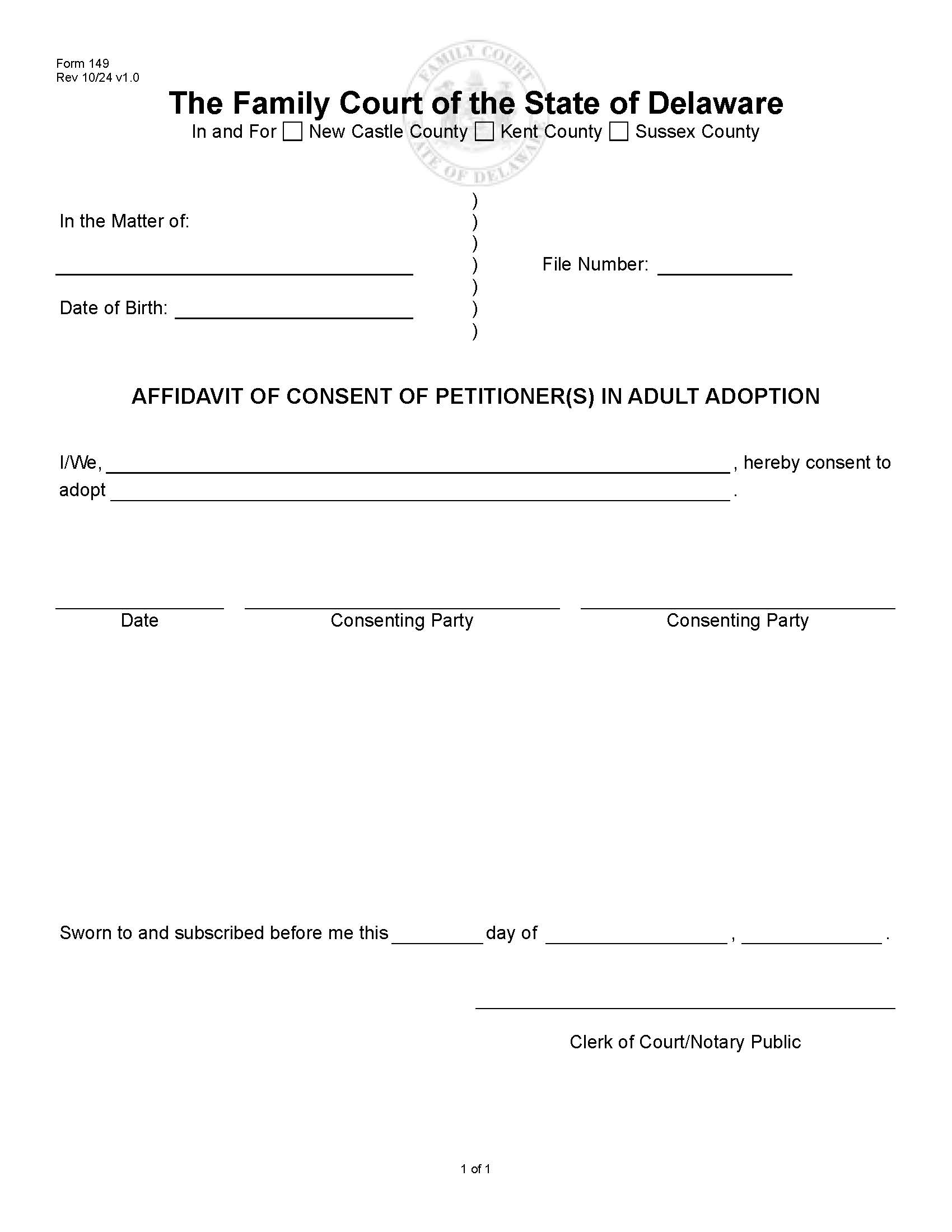 Affidavit Of Consent Of Petitioner(s) In Adult Adoption {149} | Pdf Fpdf Docx | Delaware