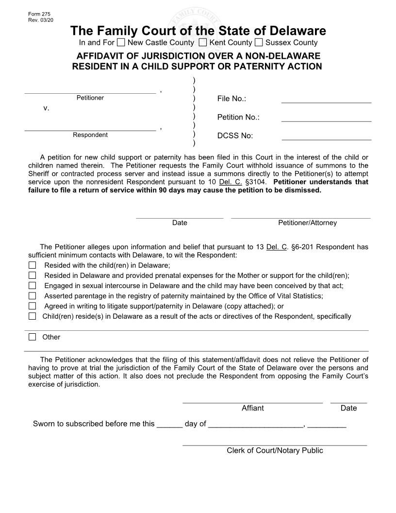 Affidavit Of Jurisdiction Over A Non-Resident {275} | Pdf Fpdf Doc Docx | Delaware