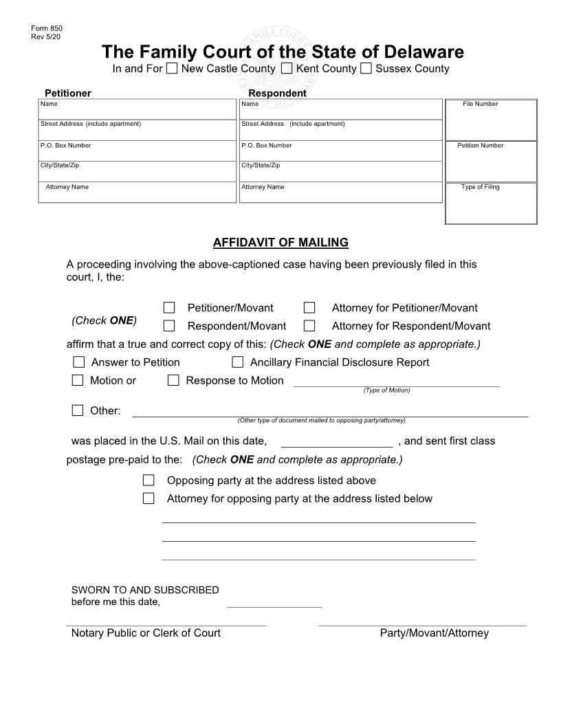 Affidavit Of Mailing {850} | Pdf Fpdf Docx | Delaware