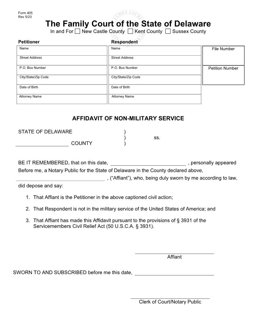Affidavit Of Non-Military Service {405} | Pdf Fpdf Doc Docx | Delaware