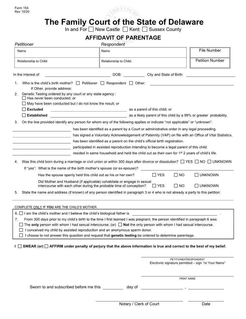 Affidavit Of Parentage {154} | Pdf Fpdf Docx | Delaware