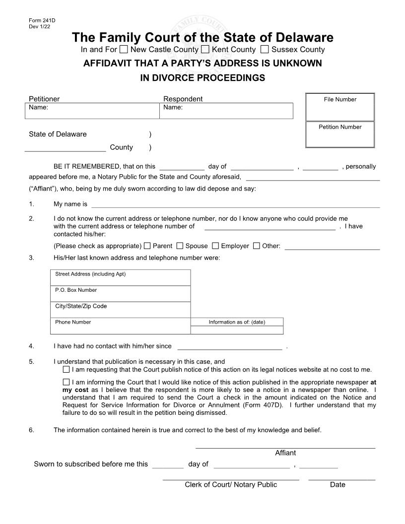 Affidavit That A Party Address Is Unknown Divorce {241D} | Pdf Fpdf Docx | Delaware