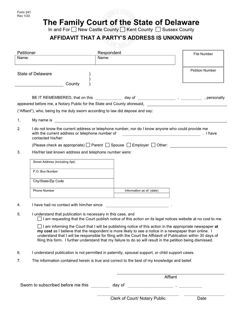 Affidavit That A Partys Address Is Unknown {241} | Pdf Fpdf Doc Docx | Delaware