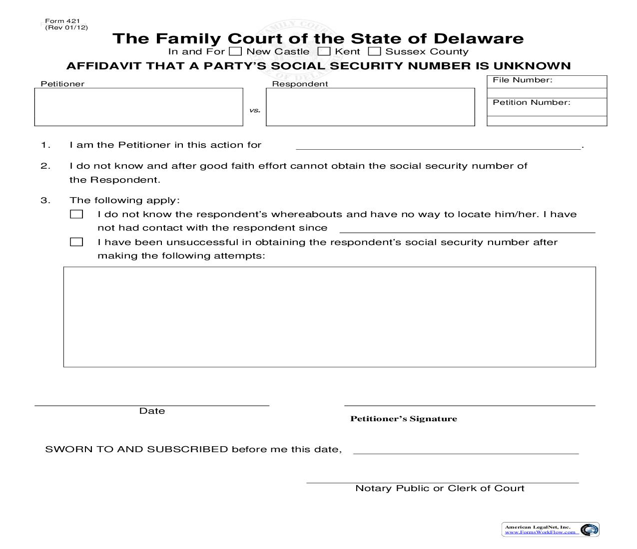Affidavit That A Partys Social Security Number Is Unknown {421} | Pdf Fpdf Doc Docx | Delaware