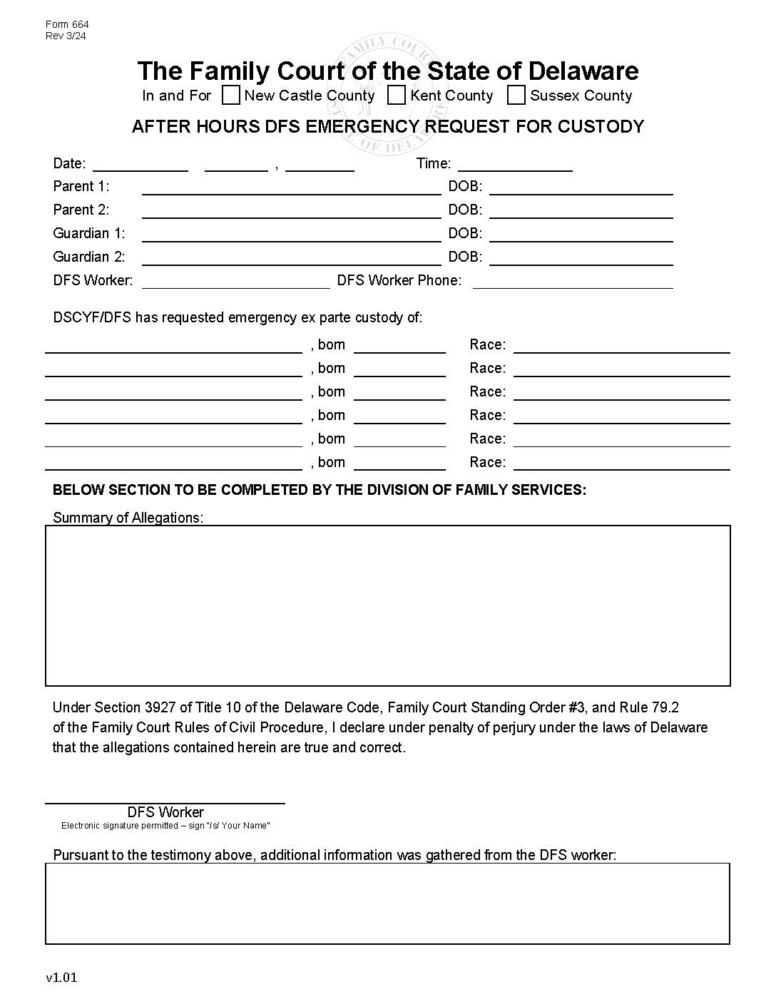 After Hours DFS Filing For Ex Parte Custody Order {664} | Pdf Fpdf Docx | Delaware