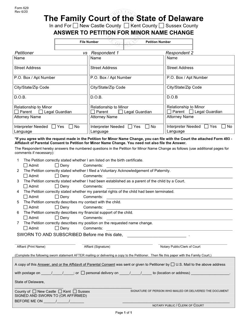 Answer To Minor Name Change {629} | Pdf Fpdf Docx | Delaware