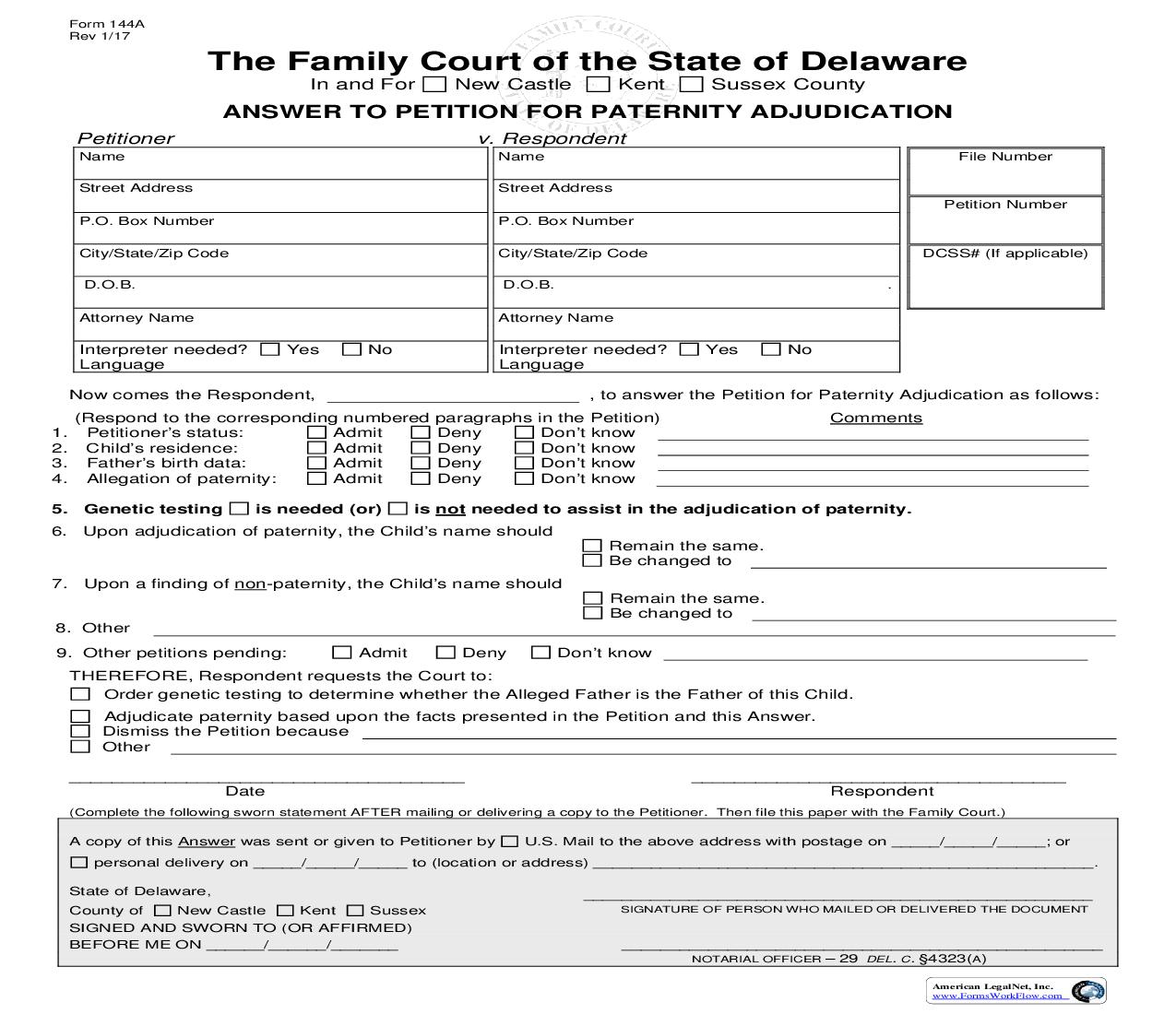 Answer To Petition For Paternity Adjudication {144A} | Pdf Fpdf Doc Docx | Delaware