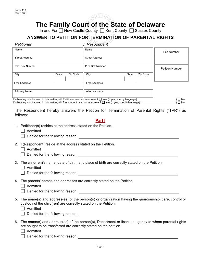 Answer To Petition For Termination Of Parental Rights {113} | Pdf Fpdf Doc Docx | Delaware
