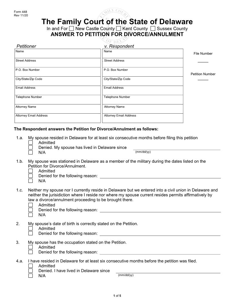 Answer To Petiton For Divorce-Annulment {448} | Pdf Fpdf Docx | Delaware