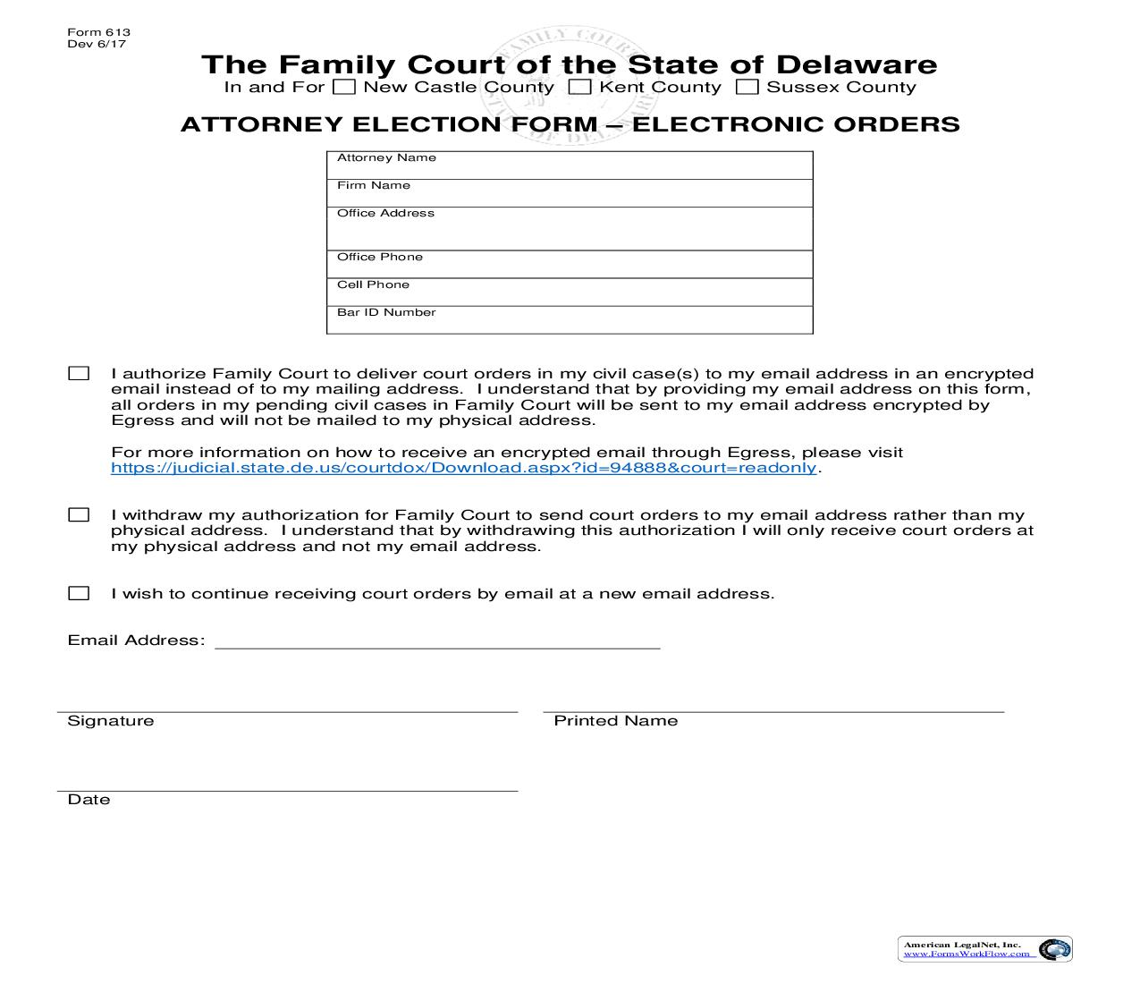 Attorney Election Form-Electronic Orders {613} | Pdf Fpdf Doc Docx | Delaware