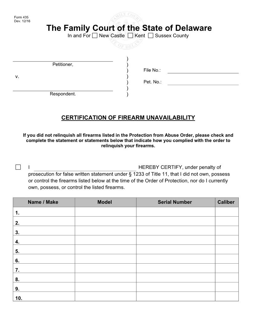 Certification Of Firearm Unavailability {435} | Pdf Fpdf Docx | Delaware
