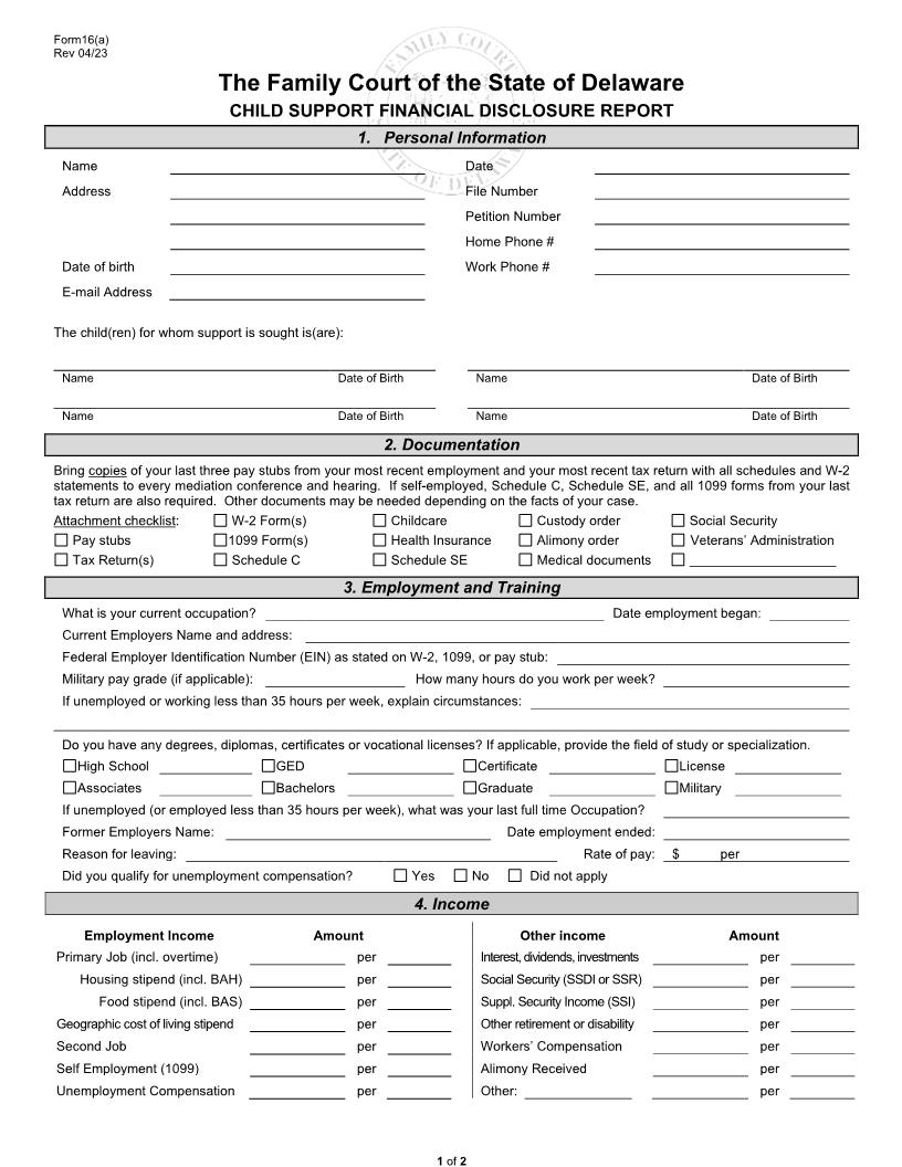 Child Support Financial Disclosure Report {16(a)} | Pdf Fpdf Doc Docx | Delaware