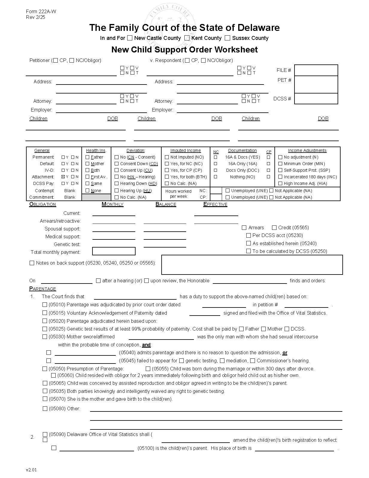 Child Support Order Worksheet {222A-W} | Pdf Fpdf Docx | Delaware