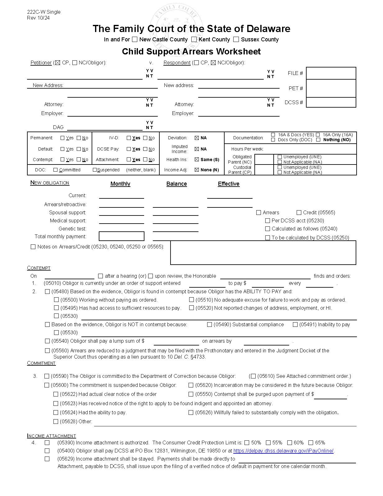 Child Support Order Worksheet-Arrears {222C-W} | Pdf Fpdf Docx | Delaware