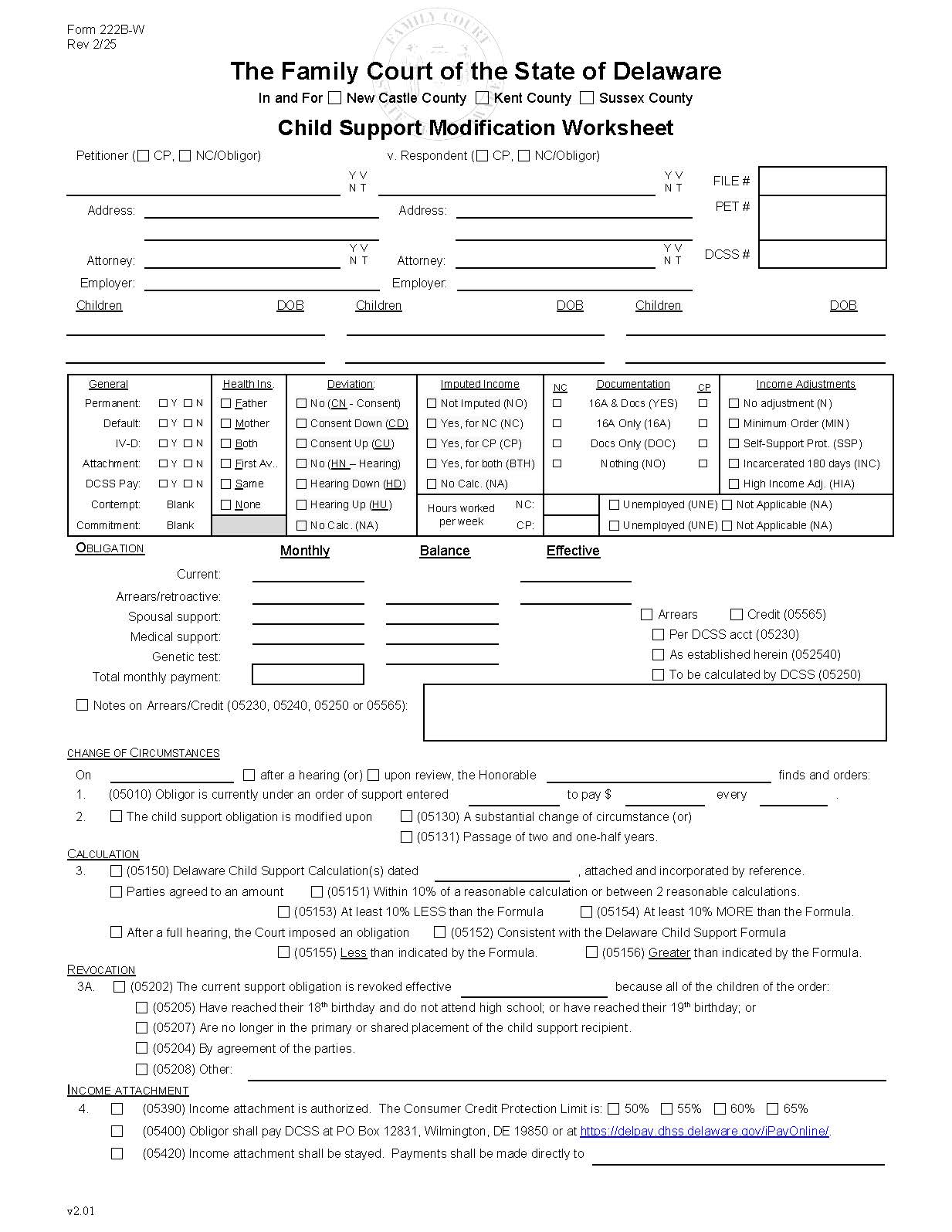 Child Support Order Worksheet-Modifications {222B-W} | Pdf Fpdf Docx | Delaware