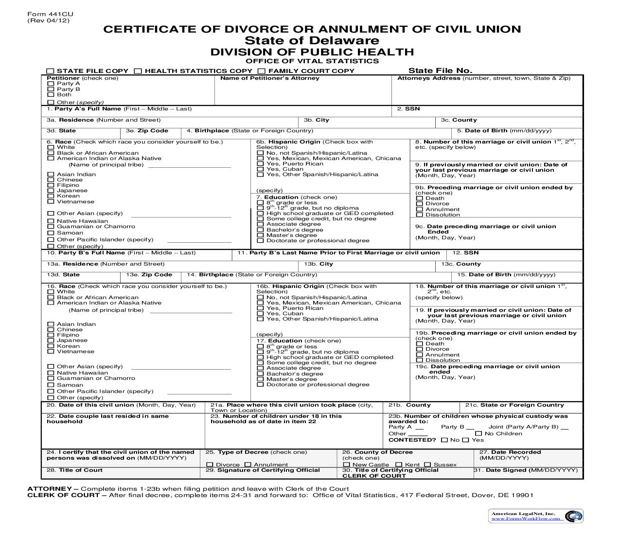 Civil Union Vital Statistics {441CU} | Pdf Fpdf Doc Docx | Delaware