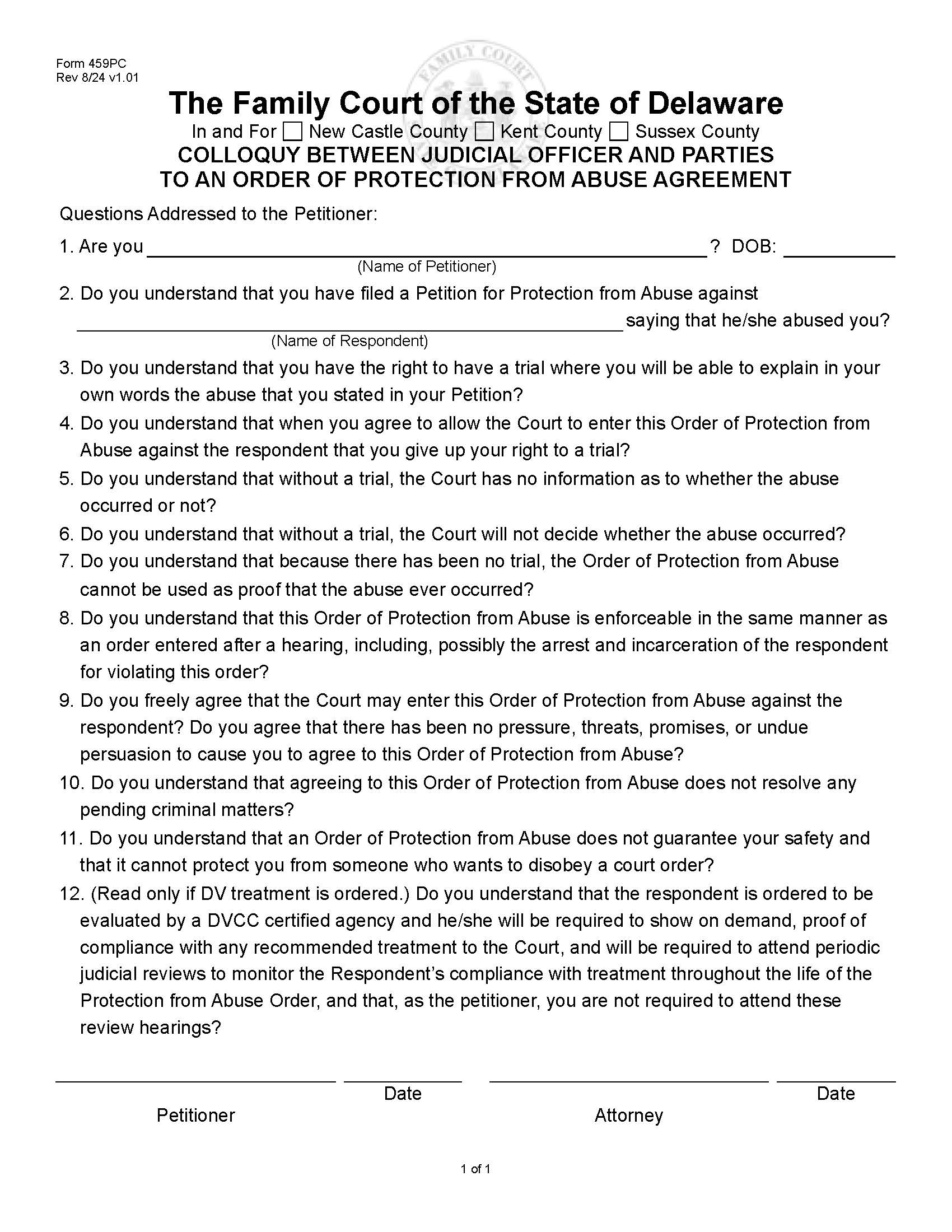 Colloquy Between Judicial Officer And Parties To An Order Of Protection (Petitioner) {459PC} | Pdf Fpdf Docx | Delaware