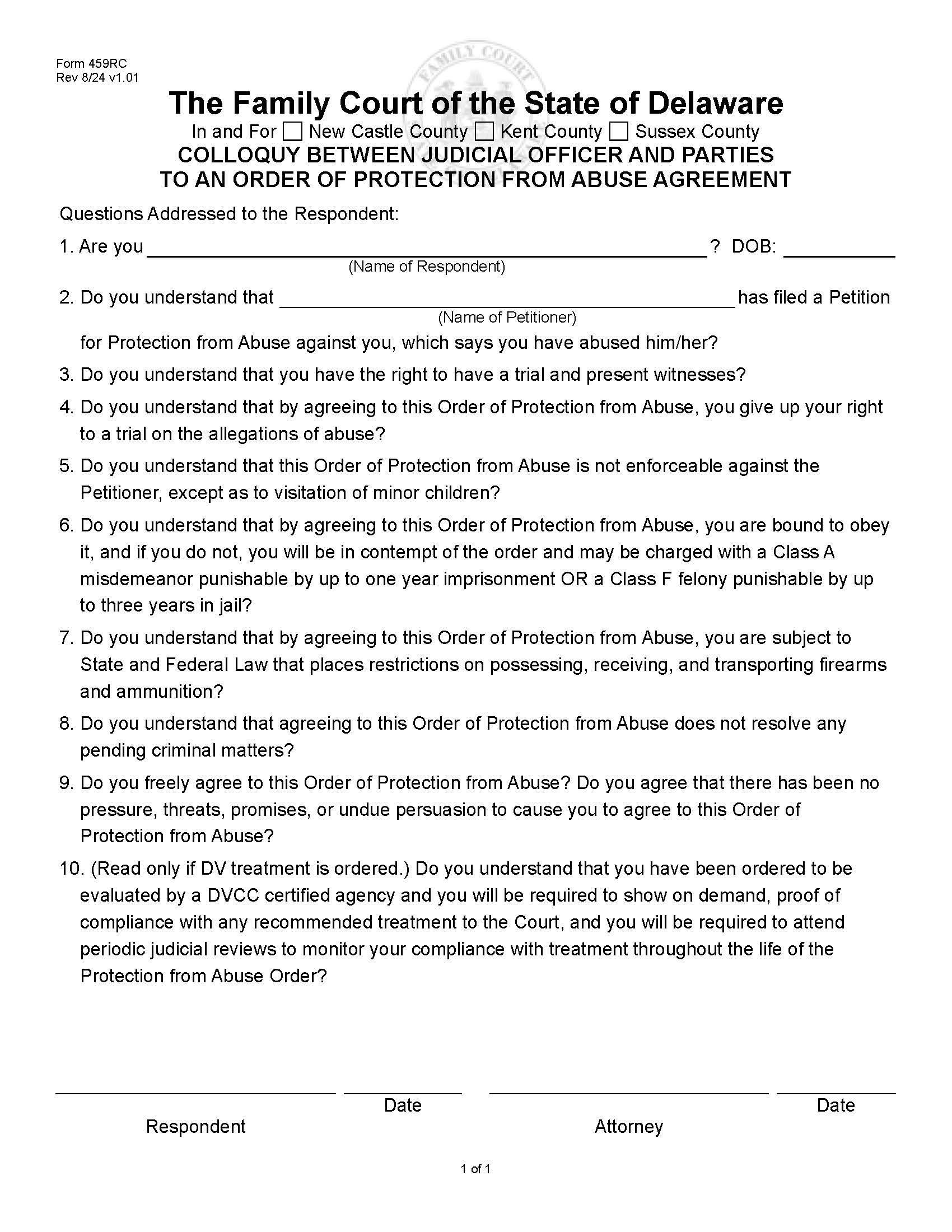 Colloquy Between Judicial Officer And Parties To An Order Of Protection (Respondent) {459RC} | Pdf Fpdf Docx | Delaware