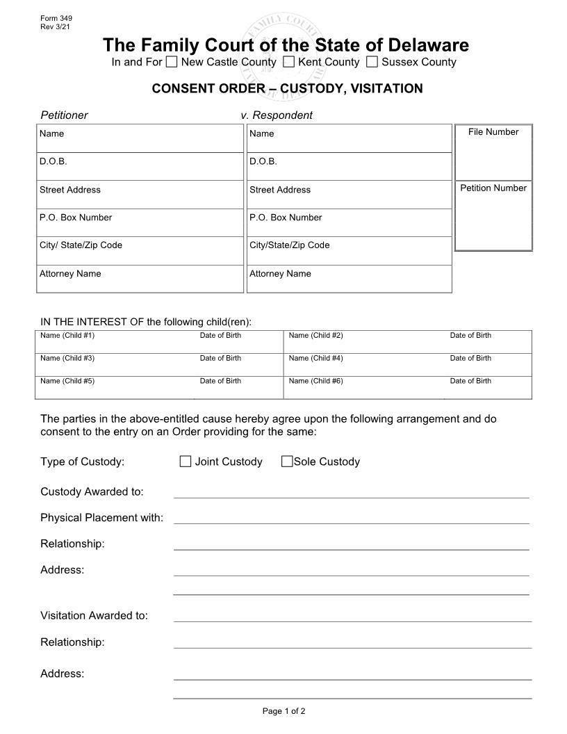 Consent Order-Custody Visitation {349} | Pdf Fpdf Docx | Delaware