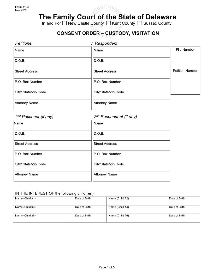 Consent Order-Custody Visitation (Multi-Party) {349A} | Pdf Fpdf Docx | Delaware