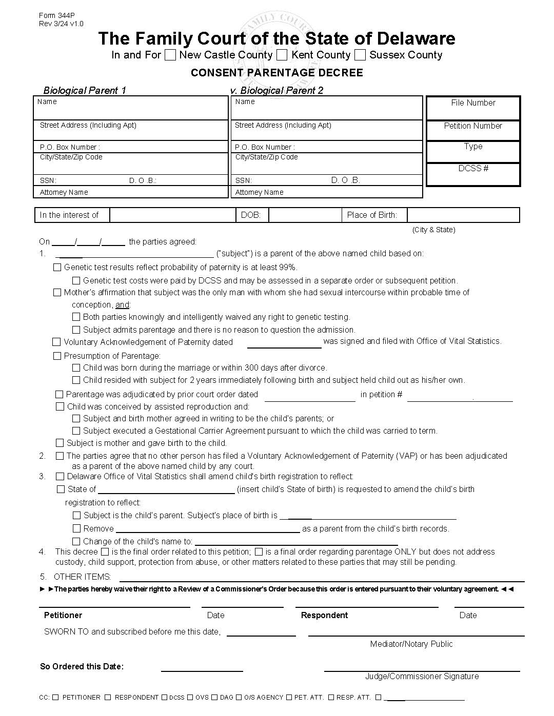 Consent Parentage Decree {344P} | Pdf Fpdf Docx | Delaware