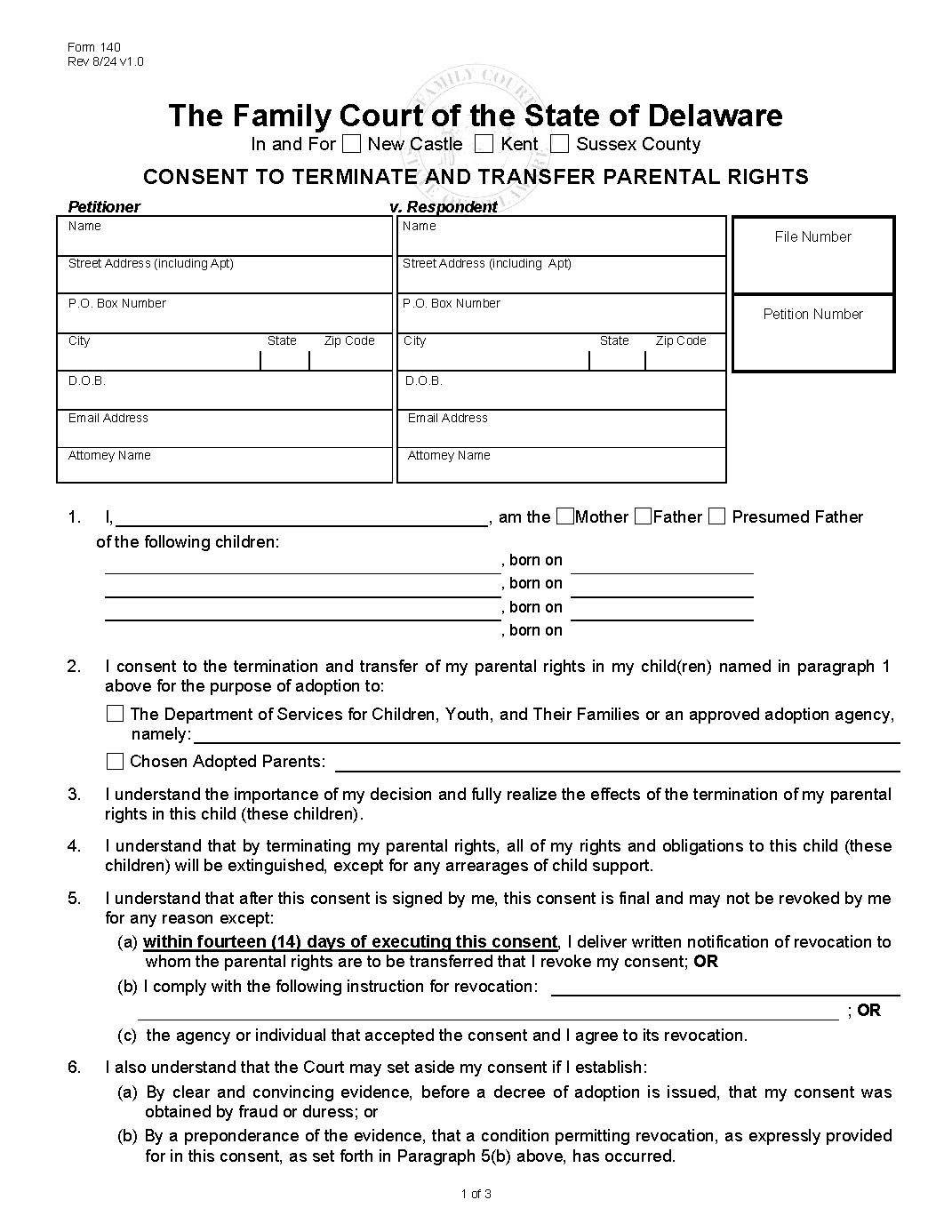 Consent To Termination And Transfer Of Parental Rights {140} | Pdf Fpdf Doc Docx | Delaware