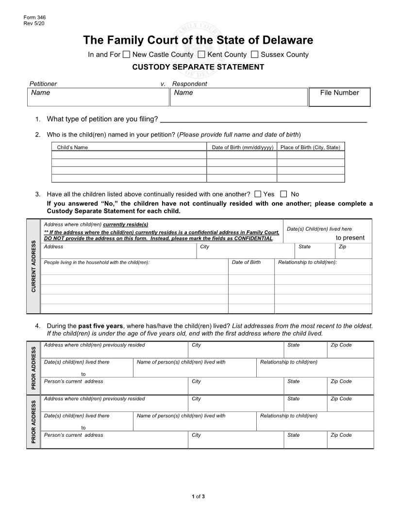 Custody Separate Statement {346} | Pdf Fpdf Docx | Delaware