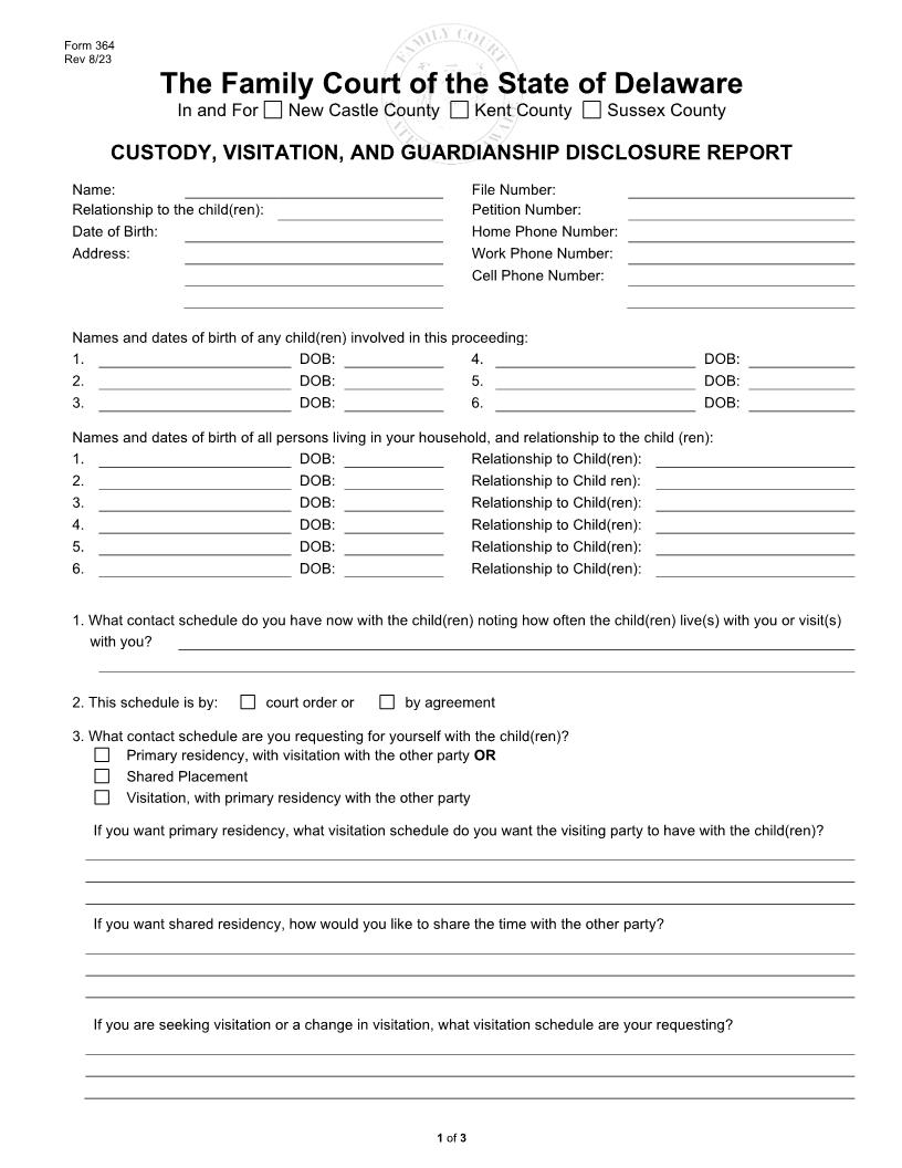 Custody Visitation Guardianship Disclosure Report {364} | Pdf Fpdf Docx | Delaware