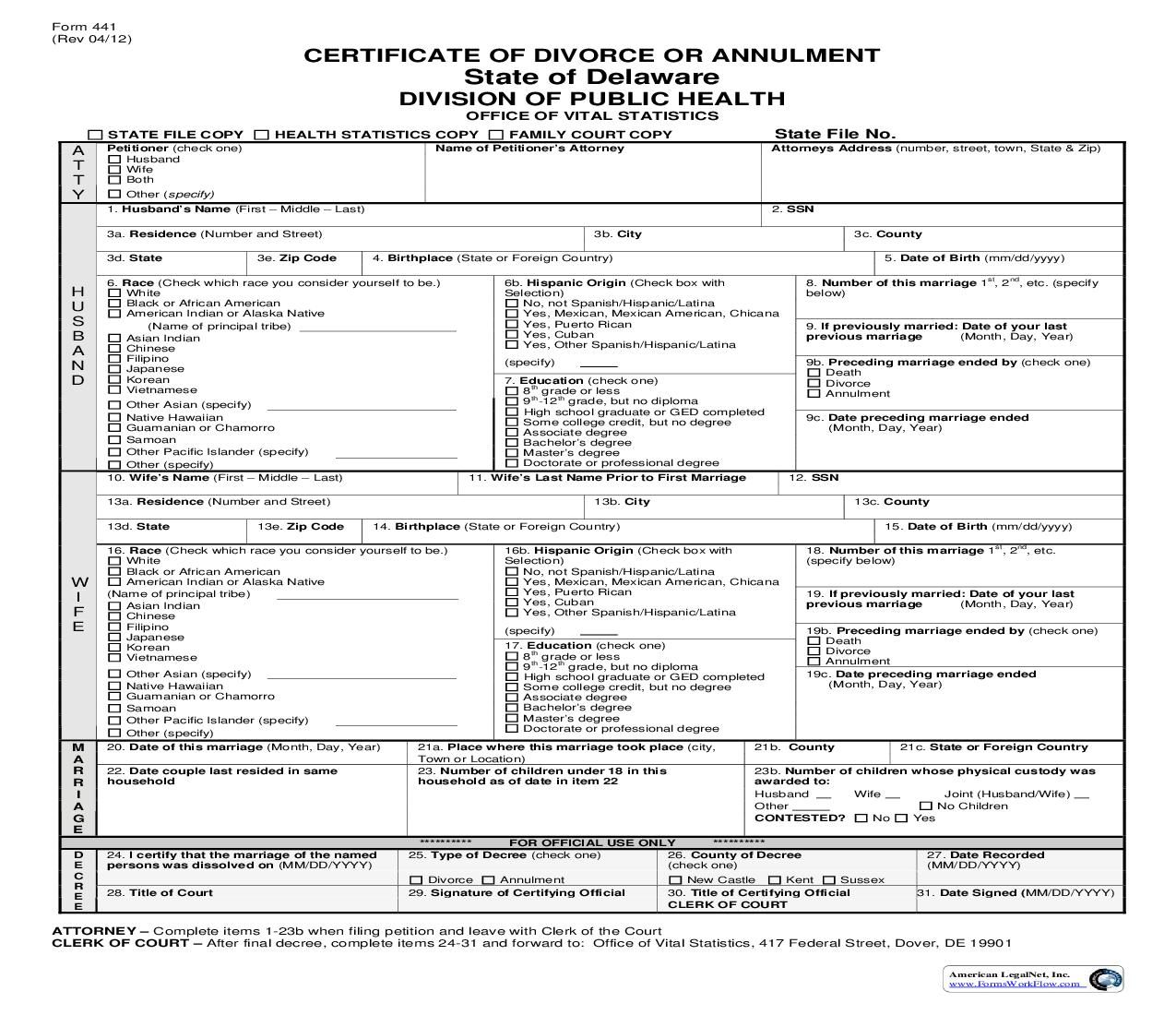 Divorce Vital Statistics {441} | Pdf Fpdf Doc Docx | Delaware